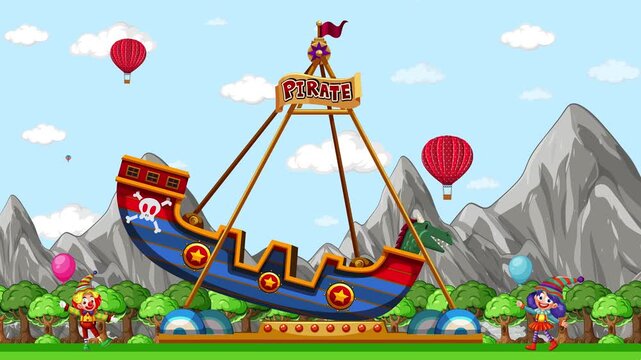 Animated Pirate Ship Carnival Ride Swinging in a Mountain Landscape