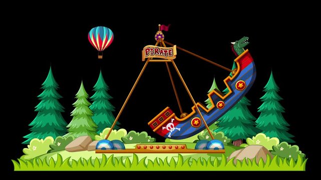 Animated Pirate Ship Carnival Ride Swinging in a Forest Park Setting