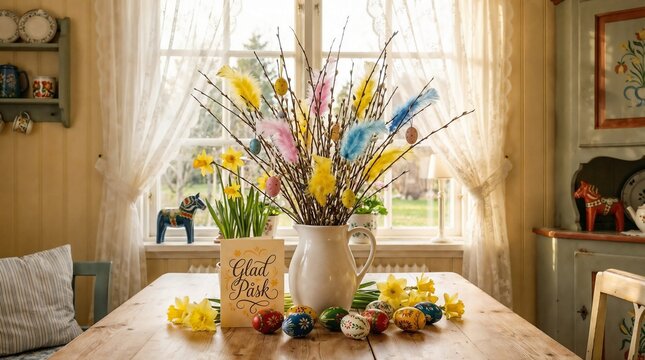 Glad P&aring;sk Swedish Easter greeting with traditional p&aring;skris branches in cozy Nordic home interior
