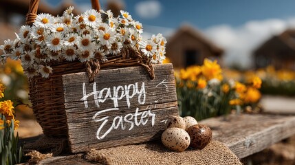 Easter Celebration: Rustic Basket of Daisies and Eggs Amidst Blooming Flowers