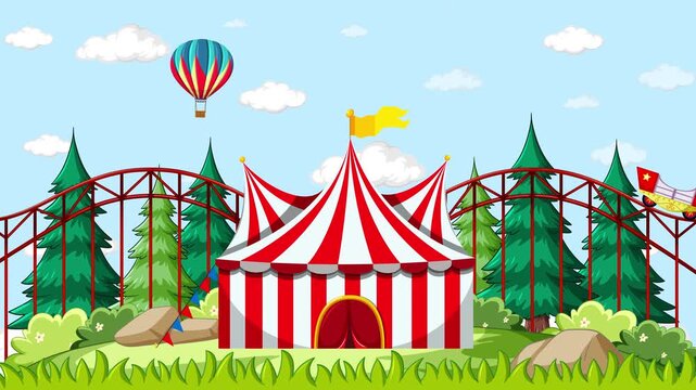 Animated Cartoon Amusement Park with Roller Coaster and Circus Tent