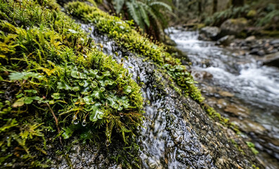 Photorealistic macro of vibrant green moss, liverworts, and water droplets on wet granite rock beside a flowing stream
