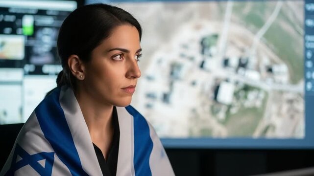 Young Female Intelligence Officer Analyzing Data with National Flag in Background