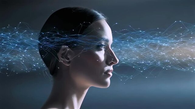 Profile woman with streaming neural network in dark lab, research participant undergoing cognitive mapping, blue nodes and signals flow across temple, calm expression, cinematic lighting