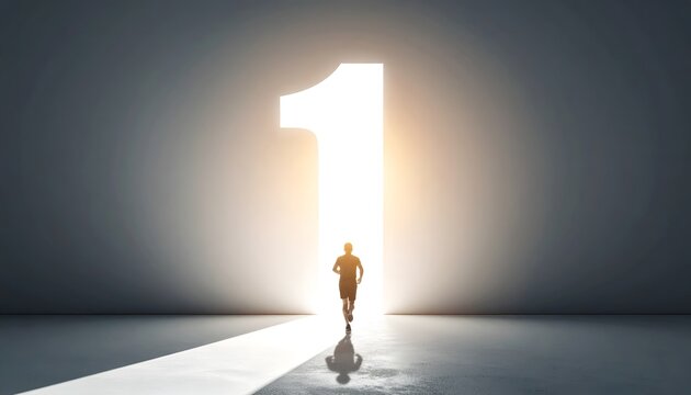 Silhouette of a runner heading toward a glowing number one doorway, symbolizing victory, success, and achieving the top position.