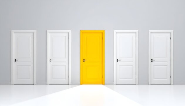 Minimal concept of multiple doors with one bright yellow door among white ones, representing opportunity, individuality, different path, and new possibilities.