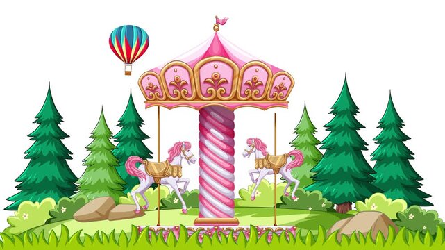Animated Pink Carousel with Horses and Hot Air Balloons in Forest