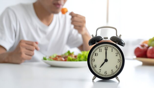 Alarm clock on a table with a man eating breakfast or lunch behind it, illustrating meal timing, intermittent fasting, and healthy eating habits.