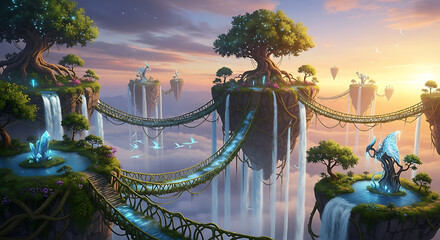 Fototapeta premium Fantasy landscape with floating islands and waterfalls at sunset