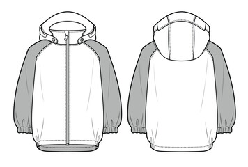 Kids anorak front and back view technical line drawing vector mockup template. © Clothing Design