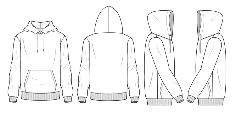 Basic hoodie front, back and side view technical flat drawing vector mockup template.