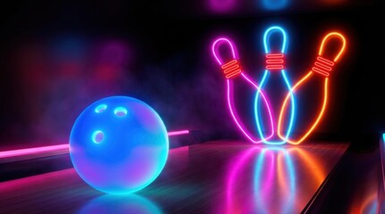 Neon bowling ball and pins glowing in dark bowling alley lane