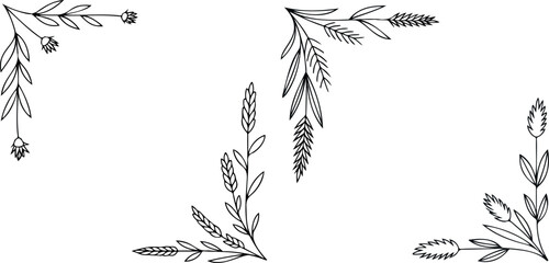 Hand-drawn wheat elements and floral sprigs for rustic corner decoration transparent background © Mst