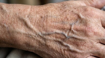 Naklejka premium Close-up of wrinkled hand with prominent veins with close up