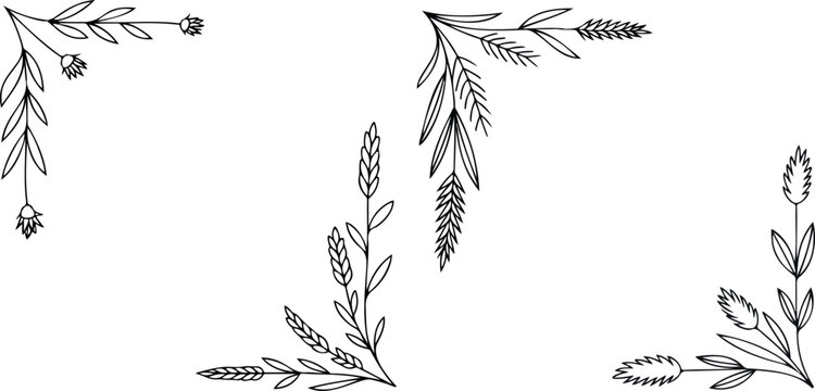 Hand-drawn wheat elements and floral sprigs for rustic corner decoration transparent background
