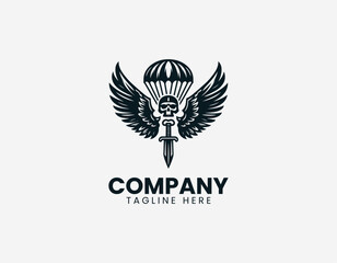 Obraz premium Skull with parachute canopy and beret in clean modern airborne military vector illustration style