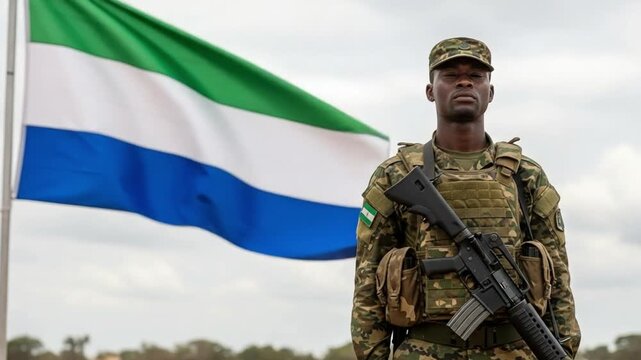 Young adult Black male soldier in full camouflage uniform standing guard with a rifle, proudly posing in front of the national flag of Sierra Leone outdoors