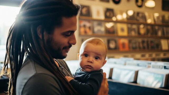 Smiling man with dreadlocks holding his infant son in a vintage record store, sharing a tender moment
