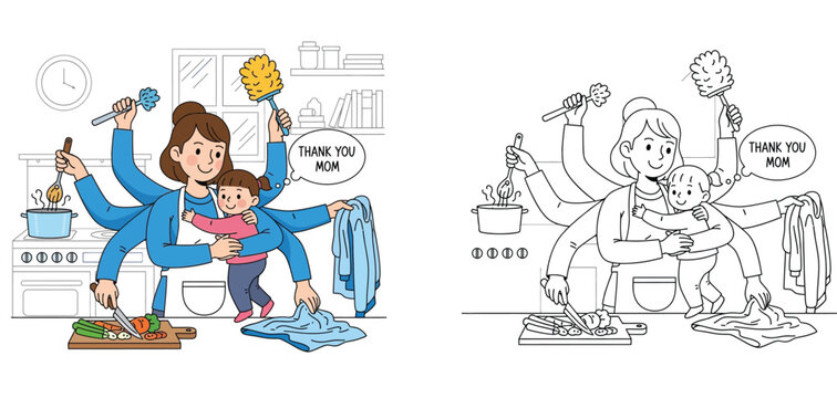 Multitasking mom cooking and cleaning with her child, full color and black and white line art coloring page for kids. Vector illustration of super mom and family life.