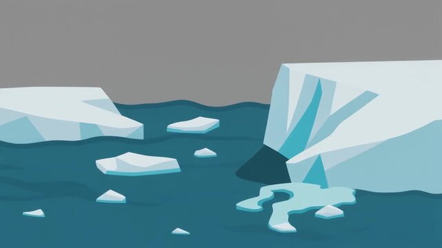An illustration depicting icebergs and smaller ice floes floating in a dark blue ocean under a grey sky.