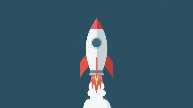 A flat design illustration of a white and red rocket launching into a dark blue sky, symbolizing startup, progress, or space exploration.