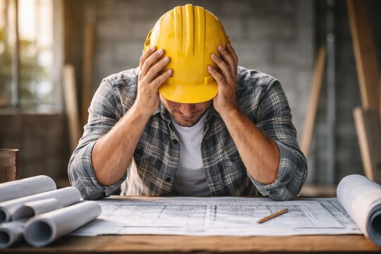 Stressed construction engineer man in hardhat, holding head in hands, sitting at desk with blueprints, feeling overwhelmed
