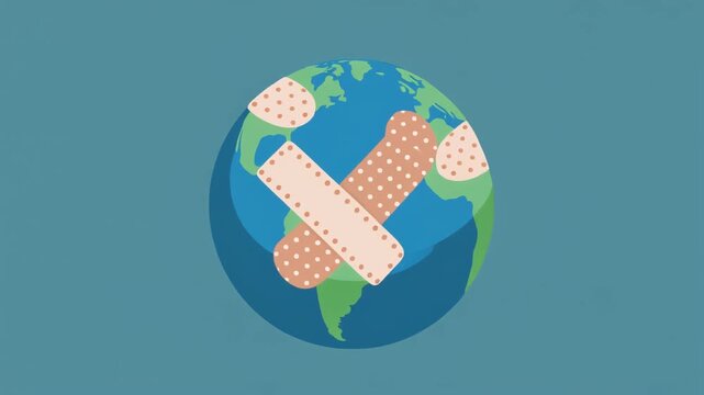 A cartoon illustration of planet Earth covered with multiple band-aids, symbolizing global healing and environmental protection efforts.