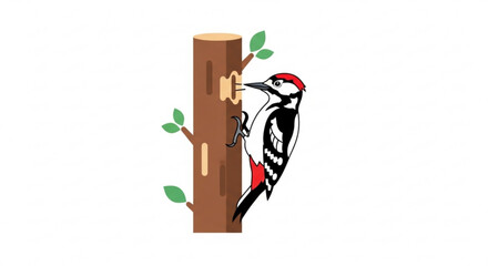 Woodpecker bird climbing tree trunk with suet feeder attached natural wildlife scene with green leaves