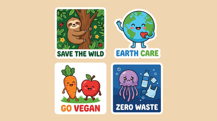 Fototapeta premium Eco friendly kawaii animal and earth conservation sticker badge set vector