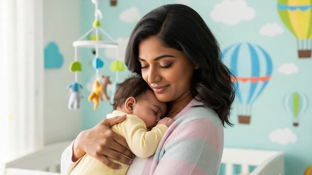 Happy young Indian mother gently holding her sleeping newborn baby in a colorful nursery room with hot air balloon decorations