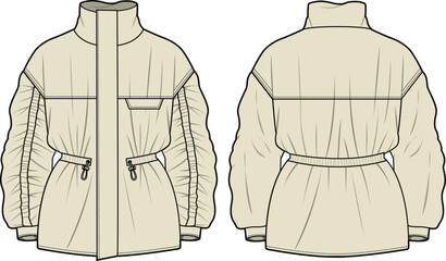 Ladies anorak jacket front and back view technical flat drawing vector mockup template. © Clothing Design
