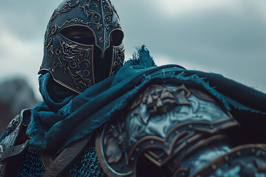 Close-up of a warrior's face in armor