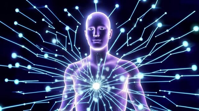 Neon human figure with neural network, caucasian man portrayed as medical patient undergoing digital cardiac scan luminous chest hub emits radiating circuits and glowing nodes, dark space
