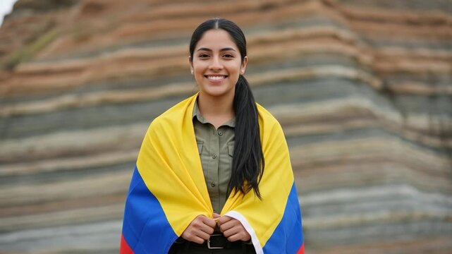 Proud young adult Hispanic woman smiling, draped in the vibrant Colombian flag outdoors against a natural layered rock formation