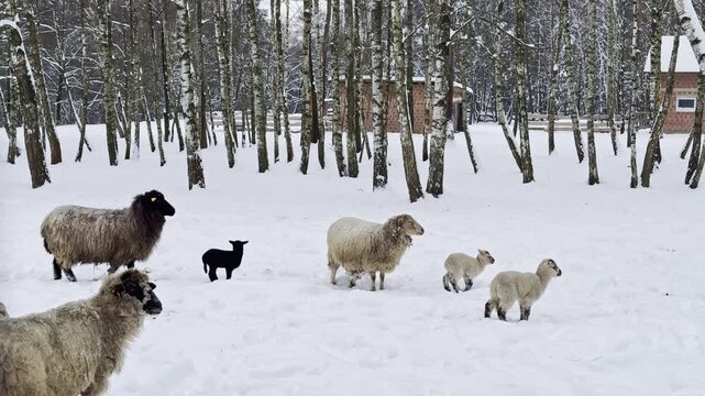 A group of sheep and their young lambs walk across a snowy field surrounded by trees in a rural area during winter. The scene shows the animals exploring their snowy environment.