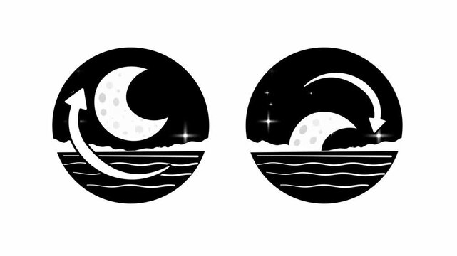 Moonrise And Moonset Cycle Icons Animation Over Ocean Night  stars Landscape With Indicating Arrow  Simple Night Sky Scene With Crescent Moon, Stars, And Water Waves. Concept Of Lunar Cycle, Astronomy