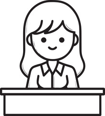 Obraz premium Hand Drawn Woman Sitting at Desk Black and White Avatar Illustration in Minimal Line Art Style Design