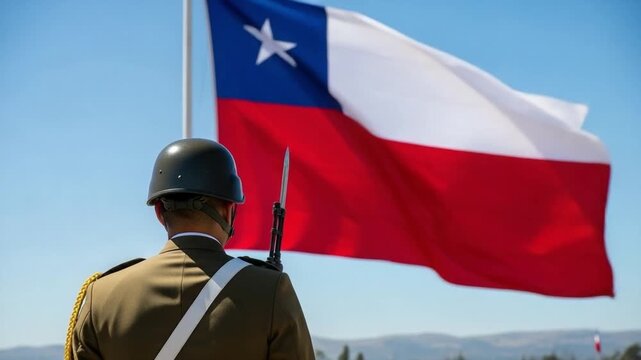 Male soldier in military uniform with a rifle and bayonet, standing at attention before the national flag of Chile waving proudly