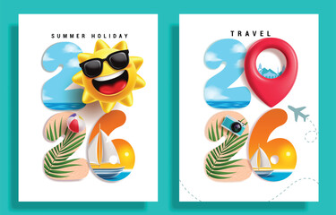 Obraz premium Year 2026 Summer holiday and Travel clipart poster set. Year 2026 number clip art with sun character, location pin, sand, beach and hot sunny day concept design for Summer holiday and Travel adventure