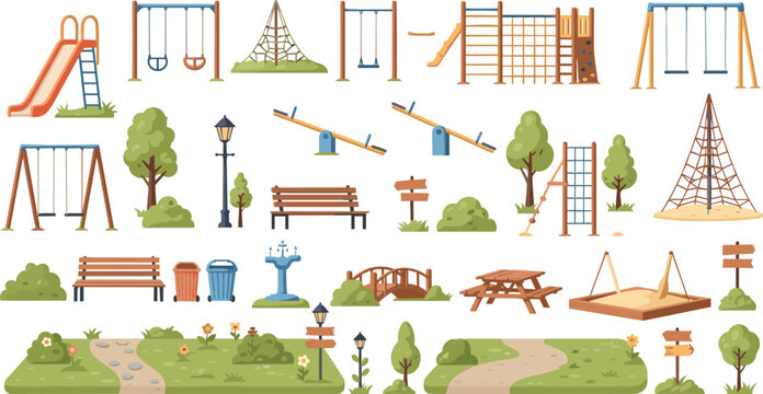 Playground Park Elements Collection with Slides Swings Climbing Frames Trees Benches Picnic Tables and Outdoor Park Equipment Vector Set