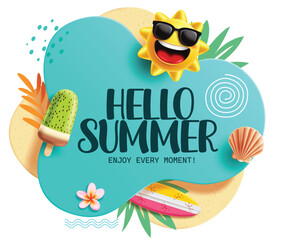 Naklejka premium Hello Summer greeting clipart abstract background design. Hello Summer greeting text clip art in blue and sand abstract background with tropical elements like sun character, popsicle and shell 