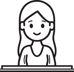 Obraz premium Hand Drawn Woman Sitting at Desk Black and White Avatar Illustration in Minimal Line Art Style Design