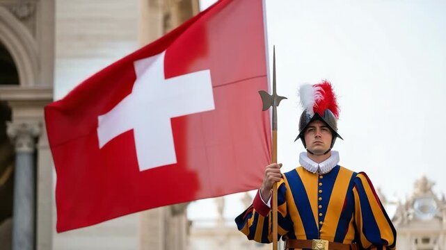 Young male Swiss Guard in traditional colorful uniform standing guard with a halberd, a large red and white Swiss flag waving behind him.