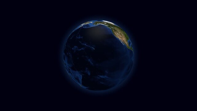 Spinning Globe. World with topography and bathymetry animation. June view. Planet rotation on dark background video. Seamless loopable animation. Elements sourced from NASA.