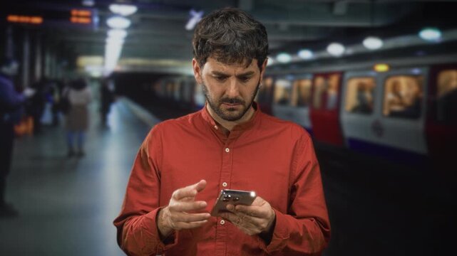Young hispanic man with beard taps smartphone with both hands on a subway platform inside building, train at platform and blurred commuters behind him; concern solitude.