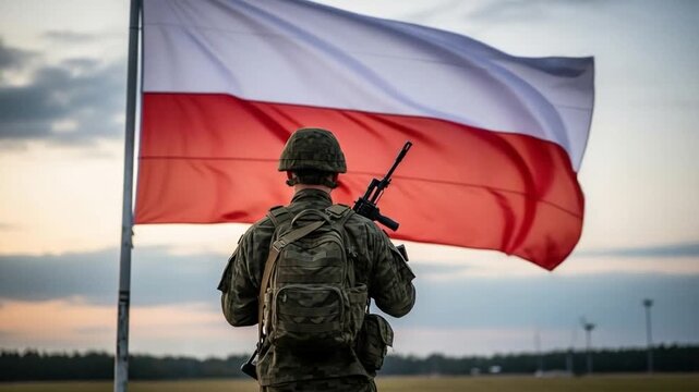 Rear view of a uniformed soldier with a rifle and backpack, standing proudly before a large Polish national flag waving against a dramatic sunset sky.