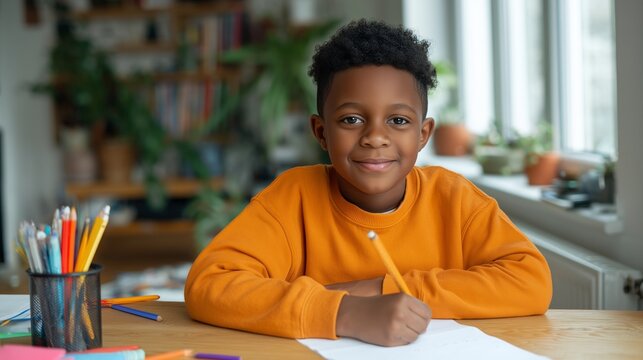 Happy african american schoolboy studying, sitting at desk with pencil and paper