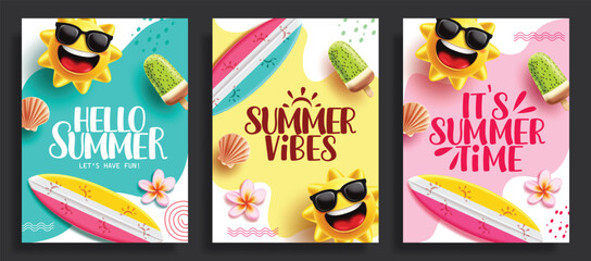 Naklejka premium Summer greeting text abstract clipart poster set design. Hello Summer, Summer vibes and it's Summer time greeting in colorful abstract background clip art with sun character, surfboard and popsicle 
