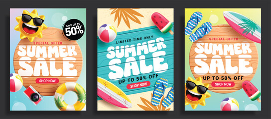 Plakat Summer Sale wooden clipart poster set. Summer Sale limited time special offer discount clip art in wooden background with tropical elements like sun character, surfboard, flipflop, beach ball 