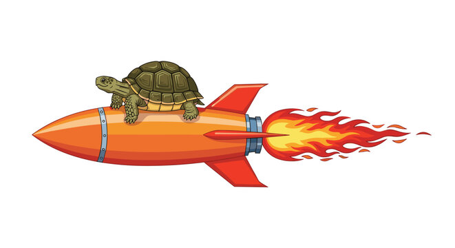 A green-shelled turtle is shown riding on top of a bright orange rocket with fiery yellow and red flames on a white background.